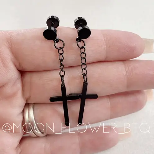 Punk Goth Black Stainless Steel Cross Barbell Earrings