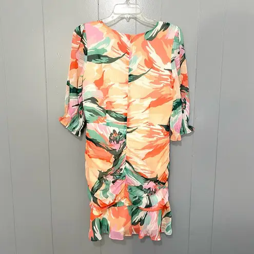 Adelyn Rae Coral Floral Metallic Stripe Chiffon Ruched Party Mini Dress M