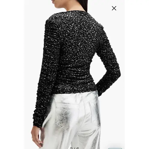 AllSaints Eris Leopard Top Ruched Bodycon Top Blouse Size 2 Black