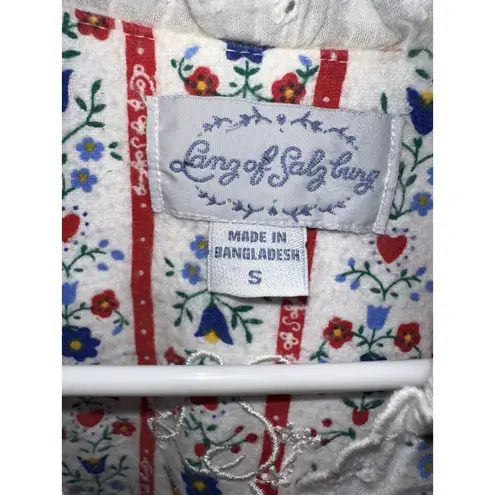 Lanz of Salzburg Vintage Small Red White Heart Striped Flannel Nightgown Eyelet