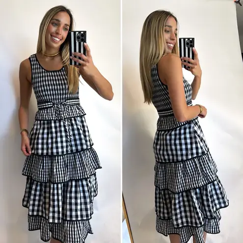 Hunter Bell Andrea Dress Black White Gingham Tiered Midi Size 4