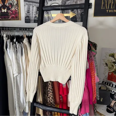 Wilfred Aritzia Plunge Front Ribbed Merino Wool Cardigan Cream Womens Small EUC