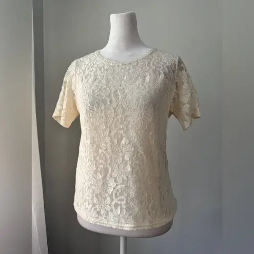 Vintage Y2K Bedford Fair Lifestyles Cream Lace Short Sleeve Blouse Size XS