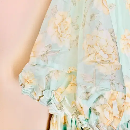 Ivy City Co Mint Green & Yellow Floral Ruffle Flutter Sleeve Dress.