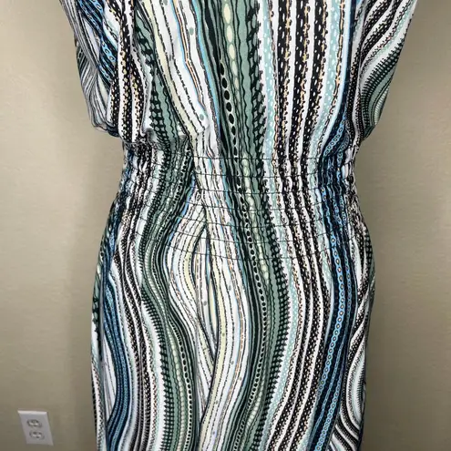 Women's Abstract Wavy Stripe Print Smocked Halter Sleeveless Maxi Dress Sz L Blue Size L