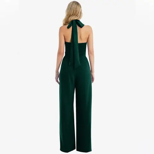 After Six Halter Neck Satin Charmeuse & Crepe Jumpsuit in Evergreen, Siz…