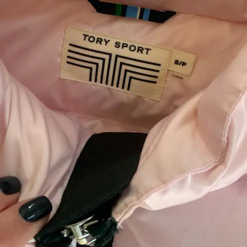 Tory Sport Cropped Performance Satin Down Jacket in pastel pink size small