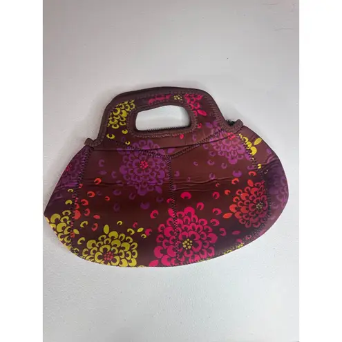 None Boho Floral Neoprene Top-Handle Clutch Purse – Brown Pink Purple, Zip