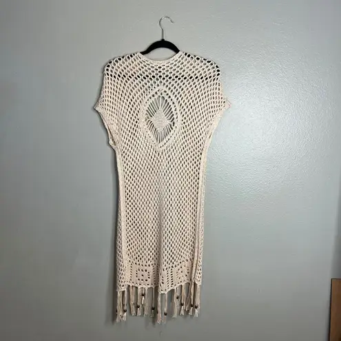 Artesia Crochet Kimono Duster Sz S Tunic Fringe Tie Beaded Boho Festival Hippie Tan