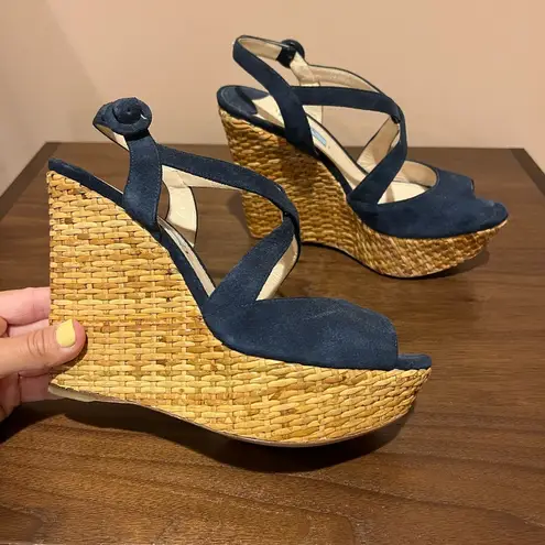 Prada Suede Crisscross Wicker Wedge Sandal - Navy