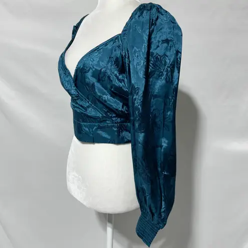Band Of The Free New Floral Faux Wrap Long Sleeve Crop Top Deep Teal Size Medium