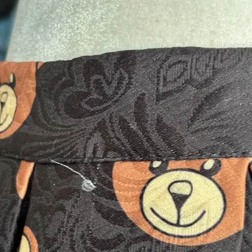 Saferin Teddy Bear Print Black Jacquard Pleated Midi Skirt Kawaii Harajuku Retro Size M