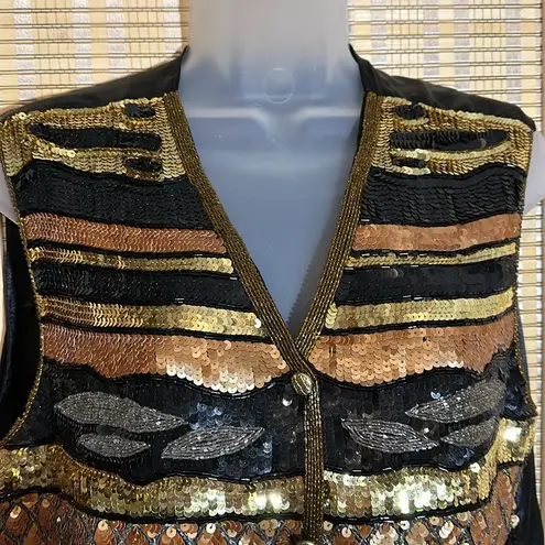 Modi Vintage 1980s or 1990s Gold Black Sequined and Beaded Silk Vest Medium