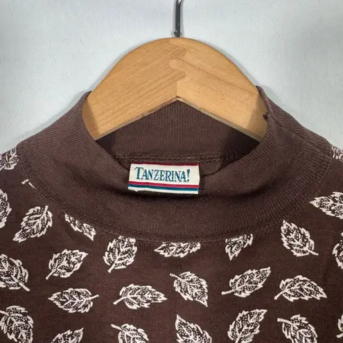 TANZERINA! Brown Leaf Print Mock Neck Short Sleeve Top Womens Sz L Size L