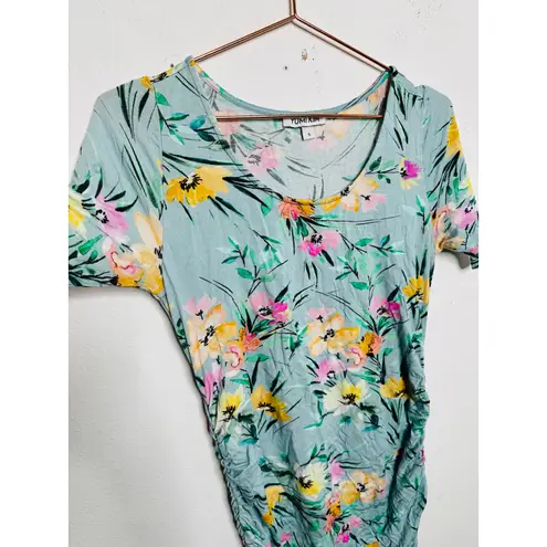 Yumi Kim Blue Floral Printed Mini Short Sleeve Scoop Maternity Dress sz S