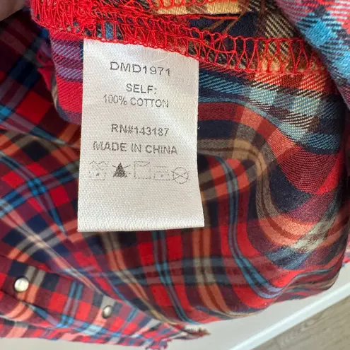 Dance & Marvel Red Plaid Distressed Destroyed Flannel Tunic Dress Jacket Small