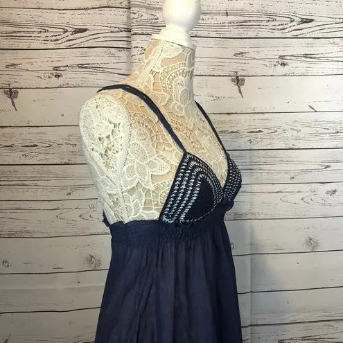 Boutique Navy & white long crocheted beach maxi Bohemian sheer dress size small