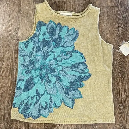 Susan Bristol Vintage Sweater Vest Women L Tan Blue Flower Pullover Grannycore