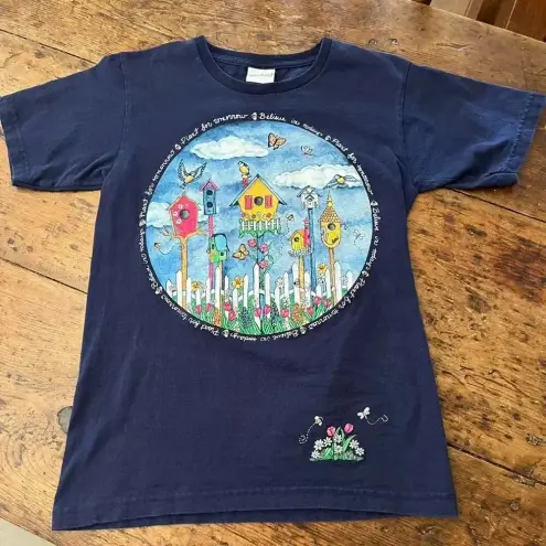 2000s vintage granny garden, birdhouse, flower graphic tee XS/Small Blue