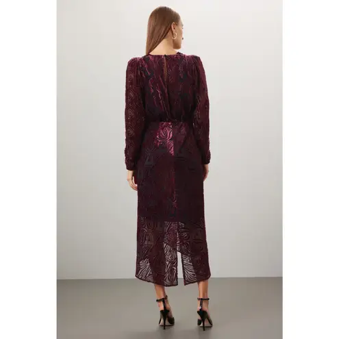 Ronny Kobo Wine Red Ruched Burnout Velvet Long Sleeve Midi Cocktail Dress 4