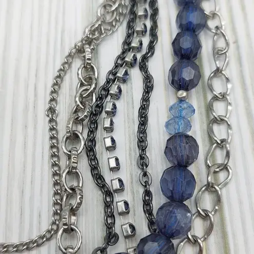 Multi Strand Silver Tone Chain Necklace Blue Bead Rhinestone Cup Rolo Gun Metal