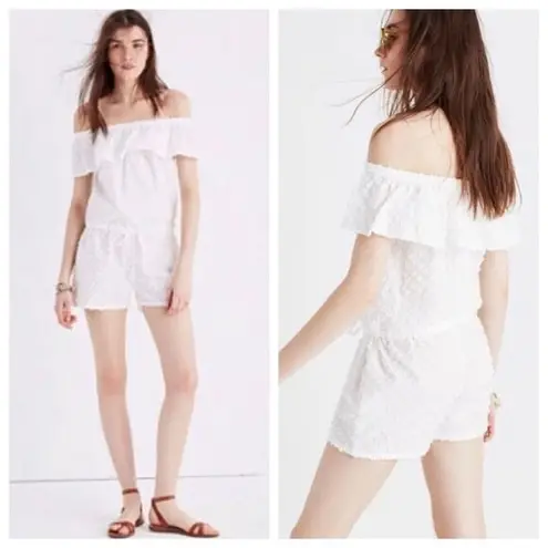 Madewell  White Off the Shoulder Swiss Dot Shorts Romper Size Small