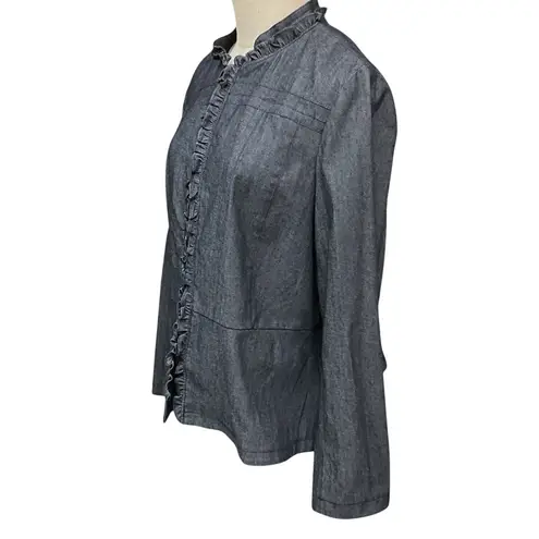 Sandro Studio Ruffle Trim Zip Front Jacket Blue Long Sleeve Plus Sz 1X Workwear
