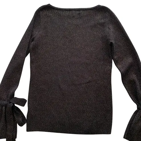 Few Moda Black Glitter Shimmer Long Sleeve Bow Blouse Shirt Women's Size Small