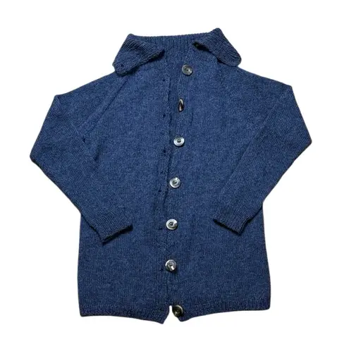 Handmade Women’s blue shawl collared knit long cardigan duster wool mohair