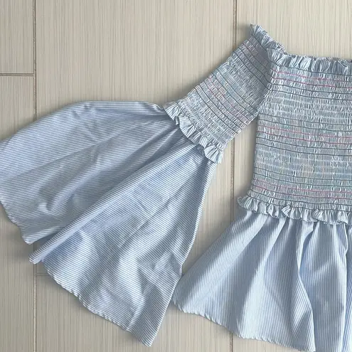 Central Park West Smocked Off the Shoulder Bell Sleeves Top Sz XS Blue White