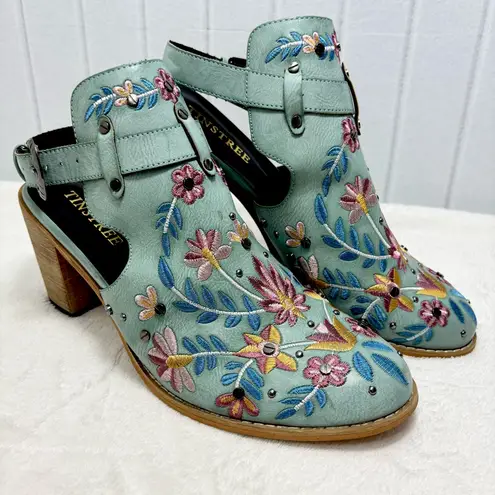 Boho Embroidered Booties Blue Vegan Chunky Block Heel Buckle Slingback Boots 11