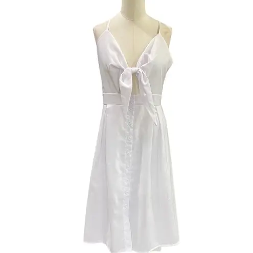 Wish  White V neck Swing Midi Dress bow & front Button NEW with TAGS Size large