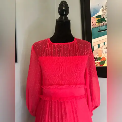 Hot Pink Fuchsia Pleated Chiffon Dotted Swiss Midi Dress Sz 6