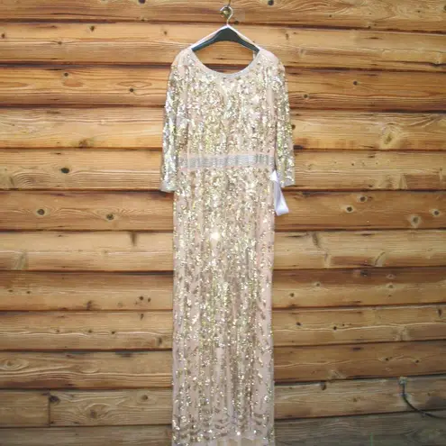 Mac Duggal Womens Plus Size Beaded Sequin 3/4 Sleeve Gown Rose Gold 4857