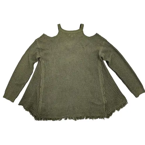 Umgee Sweater Cold Shoulders Open Knit Pullover Sweater Womens Size M Green Boho