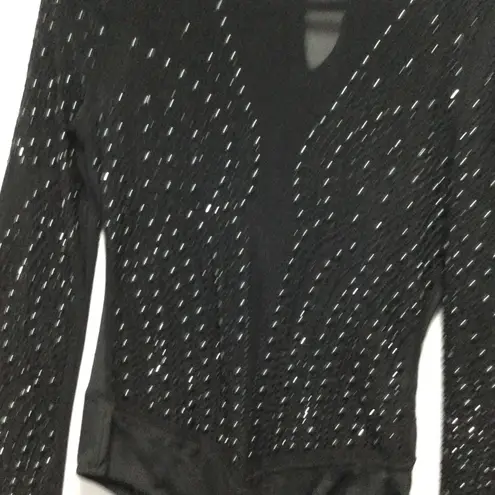 BANJUL Black LongSleeve Rhinestone EmbellishedCutout V Neck BodysuitWomen size L