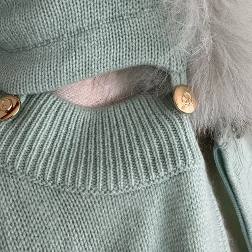 St. John Vintage/Rare Mint Green Cashmere Hooded Cardigan With Fox Fur Trim sz L - Image 5