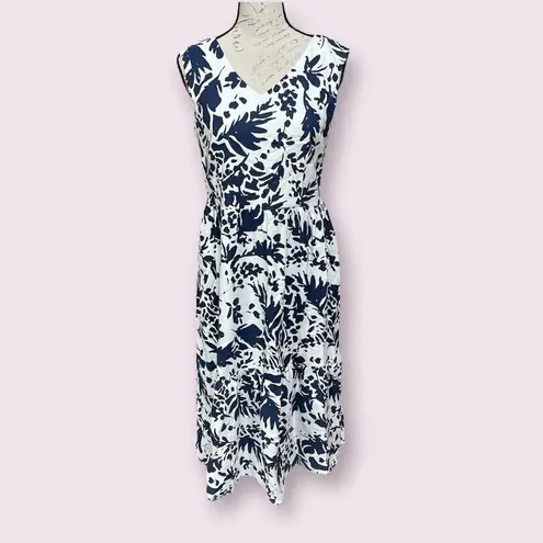 Magaschoni Tiered Linen Midi V-Neck Dress - Blue And White Floral Sz 6