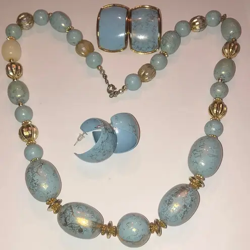 Vintage Chunky Light Blue Gold Tone Beaded Necklace Earrings Set