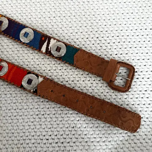 Artisan Vintage Tan Tooled Leather Guatemala Woven Multi Silver Ring Belt OS