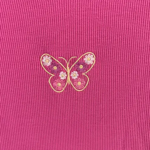 Cut and cropped Baby Tee Womens S Pink Ribbed Embroidered Butterfly Barbie Y2K