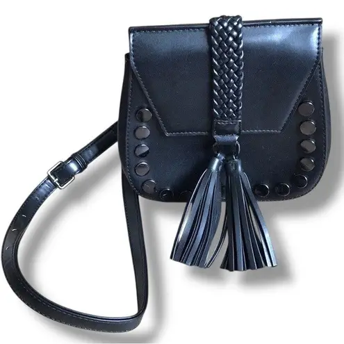 Lionel Black Leather Look Braided and Studded Cross Body Purse with Tassels