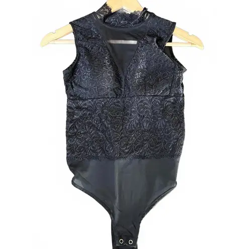 Aura Womens Lace Bodysuit Size S/M Black Sheer Mock Neck