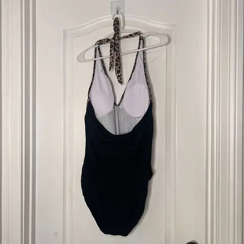 Womens Swimsuit 2XL Black Leopard Print One Piece Halter Neck Backless NWT Size XXL