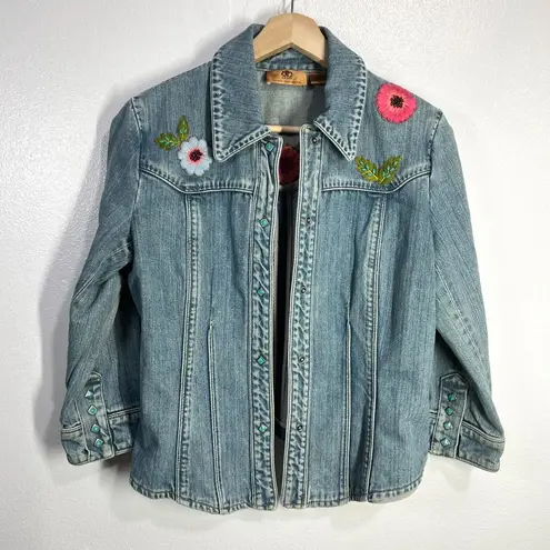 Dana Buchman Denim Jacket Floral Embroidered Small Light Wash Teal Snap Casual