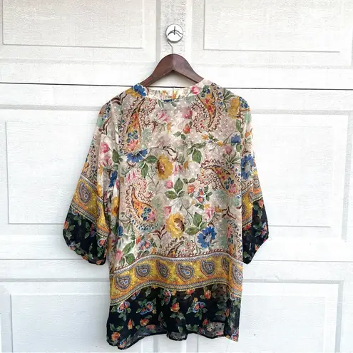 Figueroa & Flower Womens Shirt Blouse Sheer Floral Mixed Print 3/4 Sl Plus 1X Gold