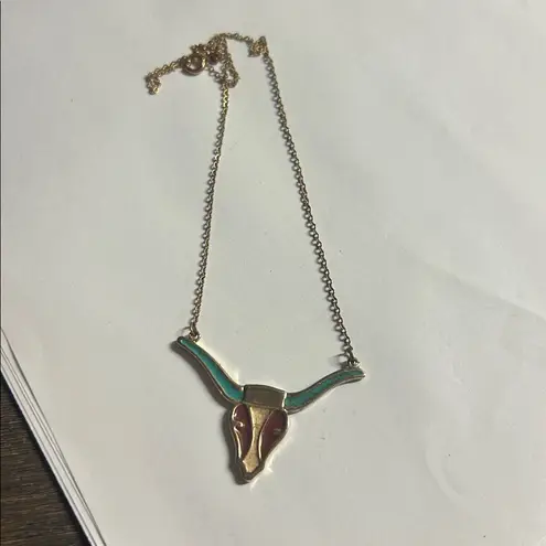 Gold and Teal Bull Skull Necklace