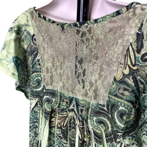 Womens Top Embroidered Bib Lace Back Tie Die Blouse u Green Size XL Boho Shirt E Yellow