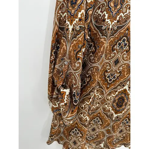 Sami & Jo Blouse Women XL Brown Printed Sheer Roll Tab Light V-Neck Peasant Boho