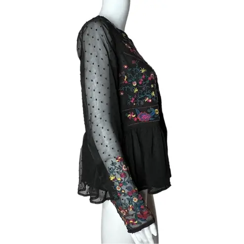 Allison New York Blouse Womens Medium Peplum Blouse Black Embroidered Floral